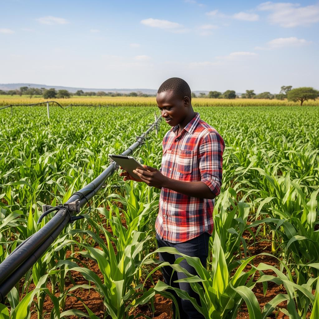 Young Kenyan agronomist using a tablet in a maize field