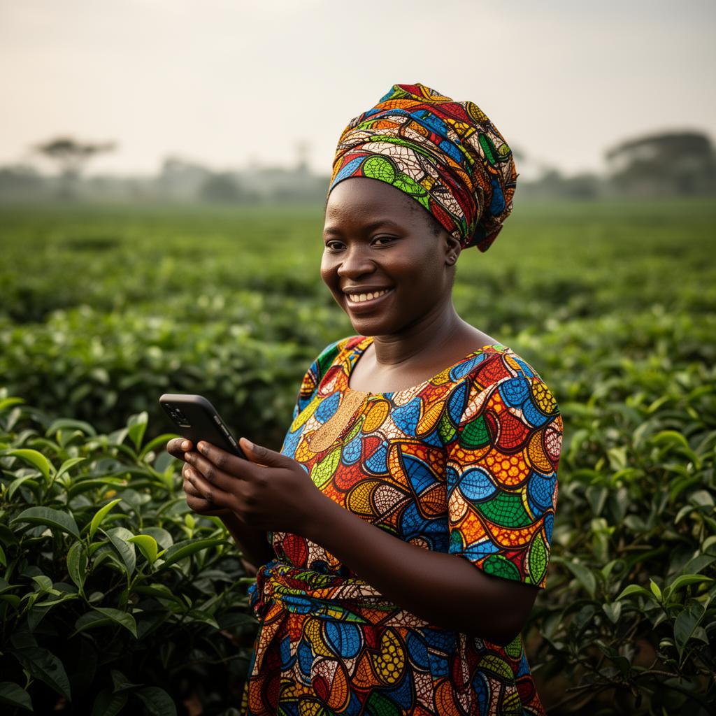 Kenyan female farmer in colorful kitenge using Agri360 in a tea field